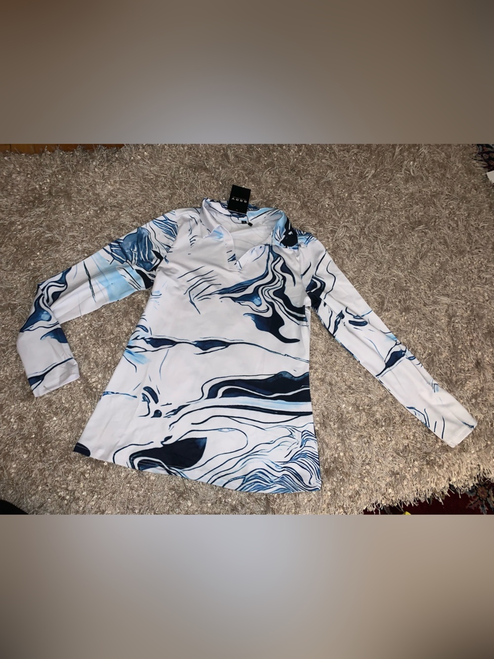 Marble Print Long Sleeve UPF 50 Top - White & Navy size S NWT